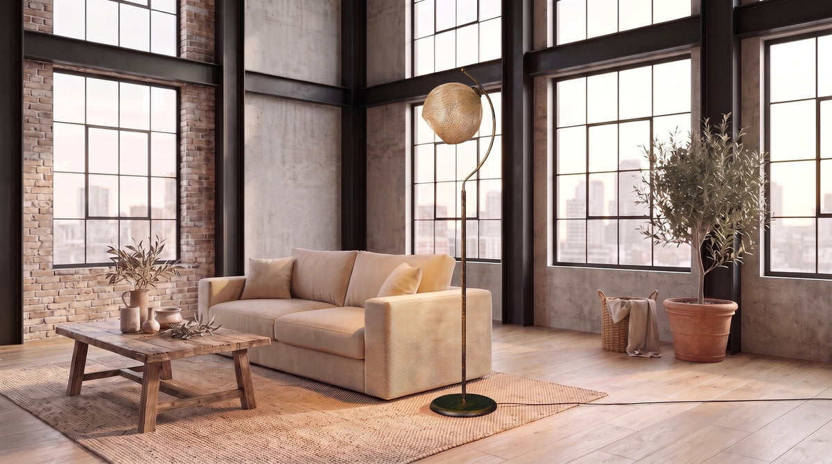 KAWOLA Stehlampe VESUVIA Jute gold schwarz