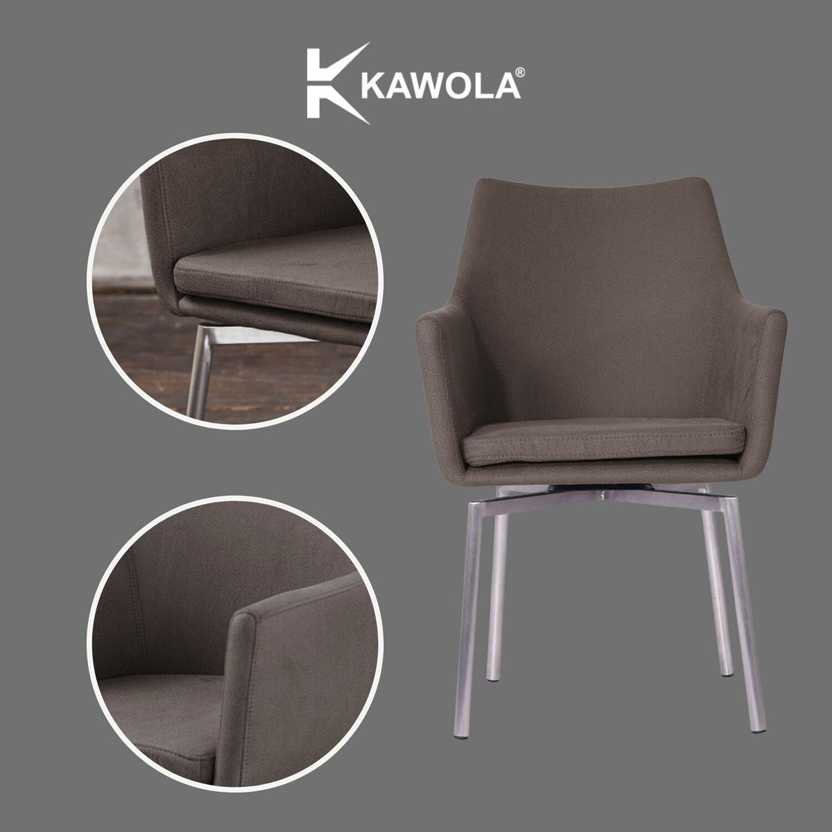 KAWOLA Stuhl Cali Sessel Microfaser Esszimmerstuhl taupe Füße Edelstahl