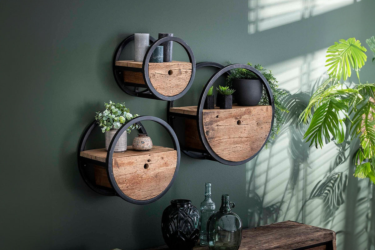 KAWOLA Wandregal RADEL Ø40 rund Hartholz natur mit Schublade