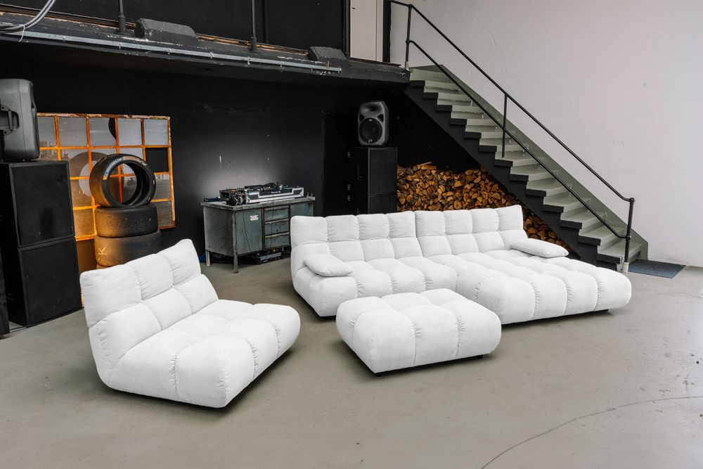 KAWOLA Sitzgruppe VIVIEN Ecksofa Drehsessel Hockerbank Feincord weiß