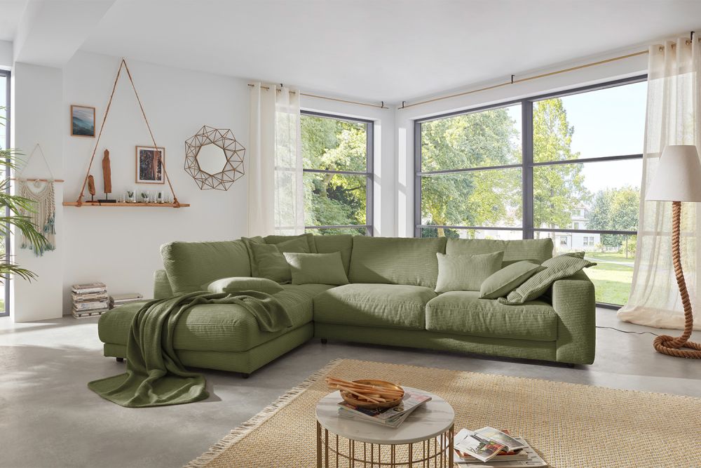 B-Ware KAWOLA Sofa MADELINE Ecksofa Cord olivgrün Recamiere links