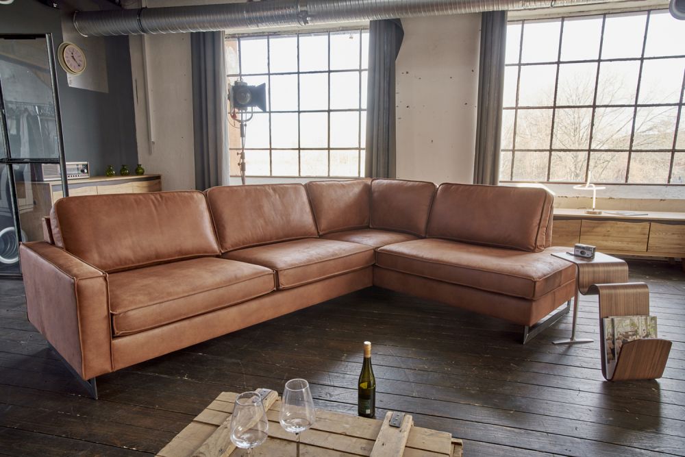 KAWOLA Ecksofa VILNIUS 3-Sitzer mit Recamiere rechts Kunstleder mit Lederanteil cognac