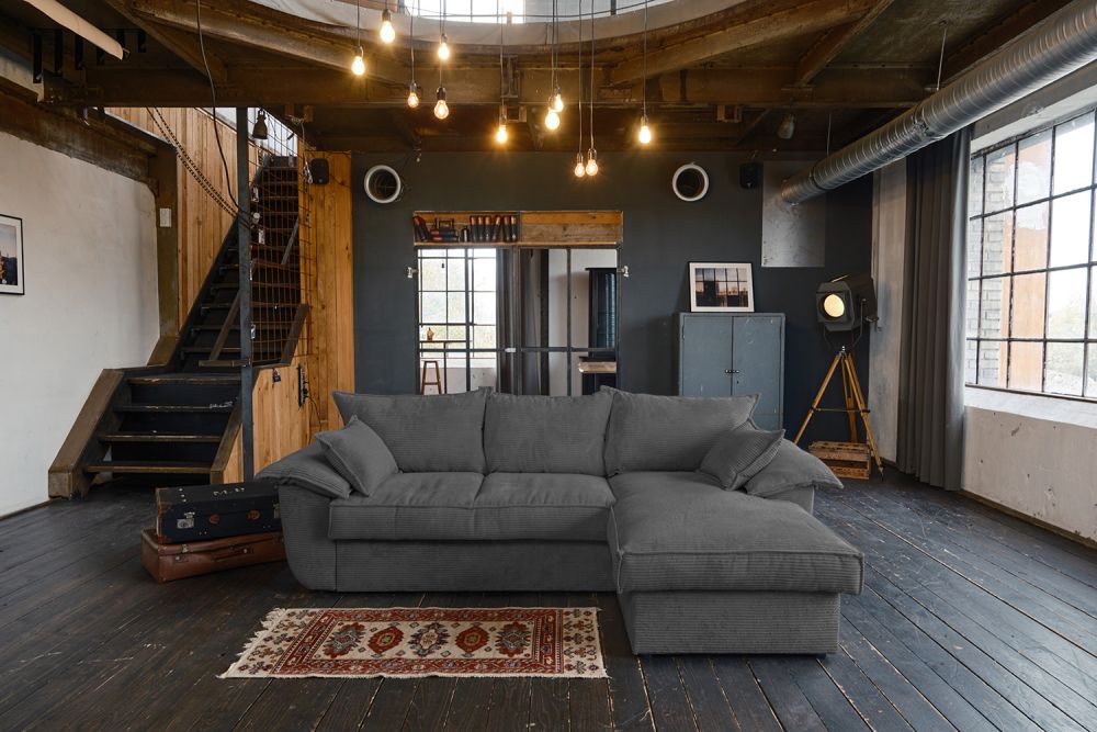 KAWOLA Sofa ASOKA Ecksofa Bettsofa Schlafsofa mit Stauraum Cord grau