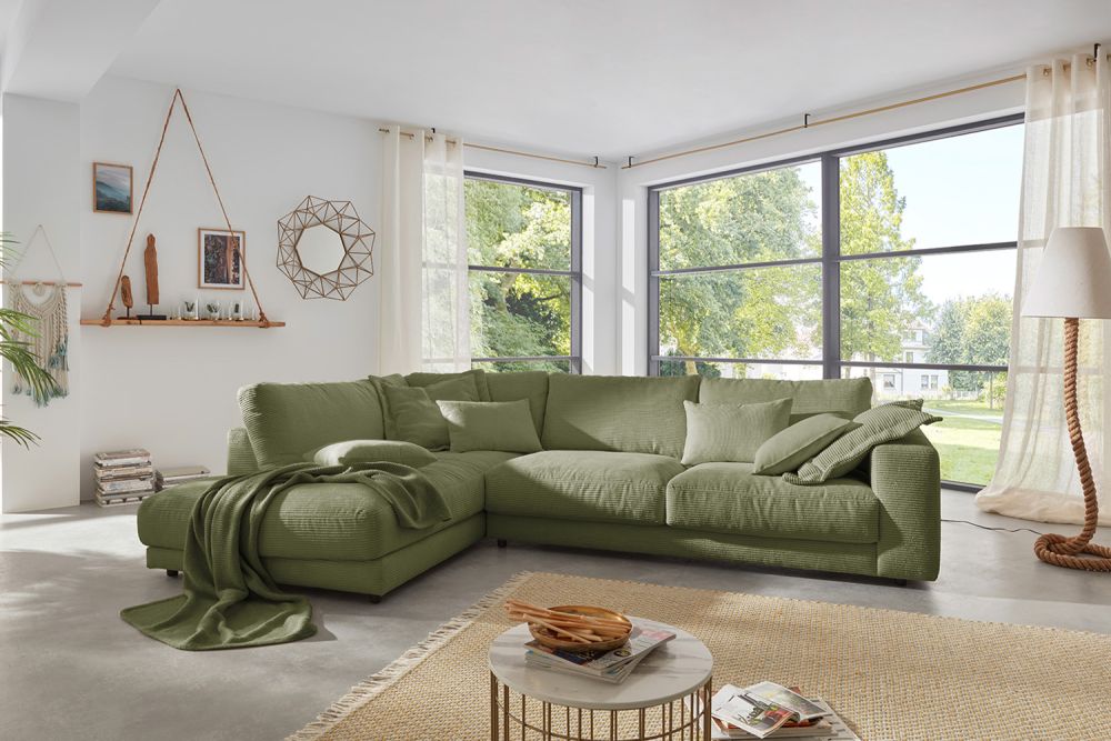 B-Ware KAWOLA Sofa MADELINE Ecksofa Cord olivgrün Recamiere links