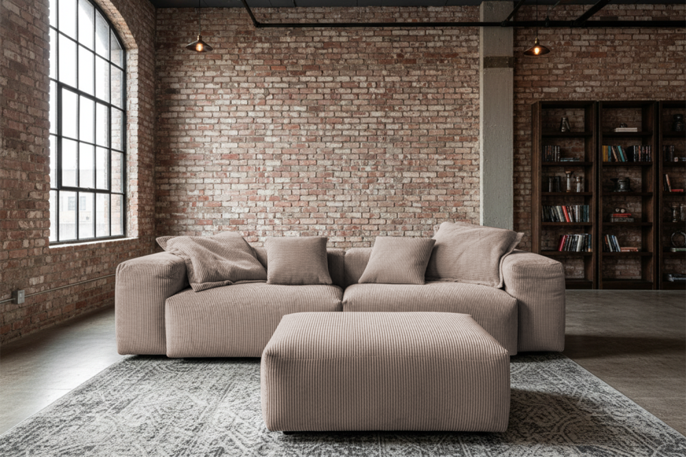 KAWOLA Sofa CELESTE 4-Sitzer mit Hocker Cord taupe