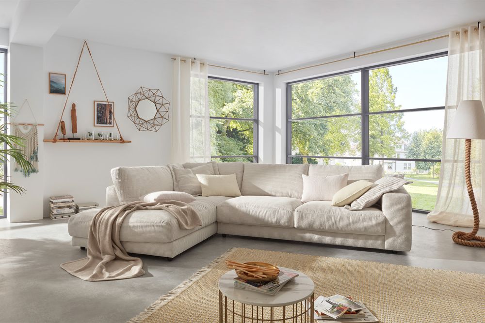 B-Ware KAWOLA Sofa MADELINE Ecksofa Cord cremeweiß Recamiere links