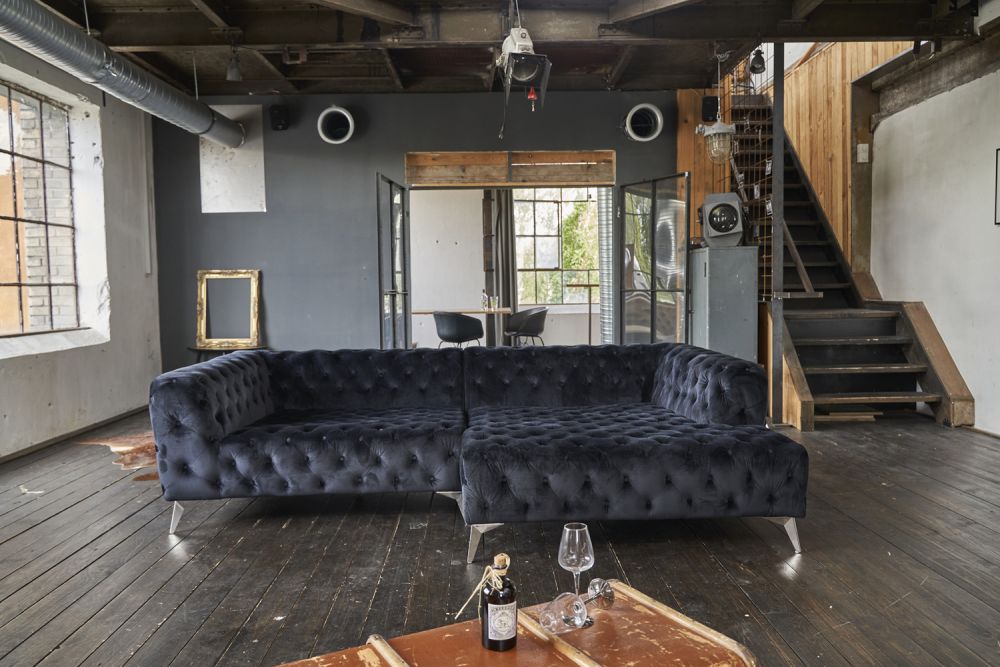 B-Ware KAWOLA Ecksofa NARLA Ecksofa Chesterfield Stoff velvet schwarz