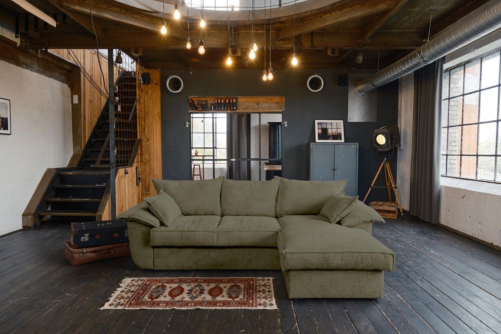 KAWOLA Sofa ASOKA Ecksofa Bettsofa Schlafsofa mit Stauraum Cord olivgrün