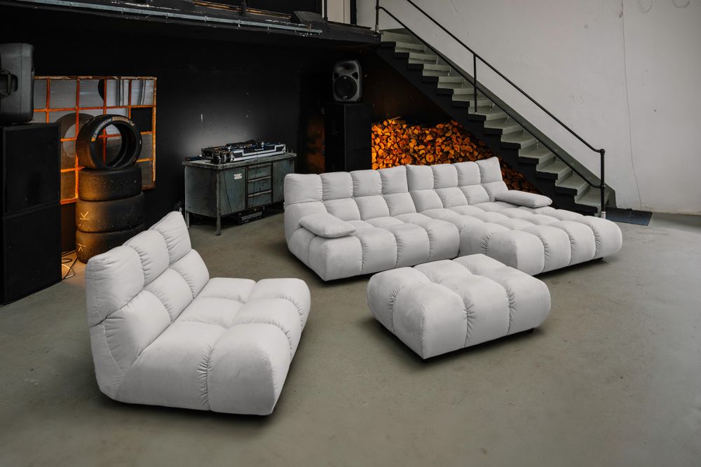 KAWOLA Sitzgruppe VIVIEN Ecksofa Drehsessel Hockerbank Velvet silber