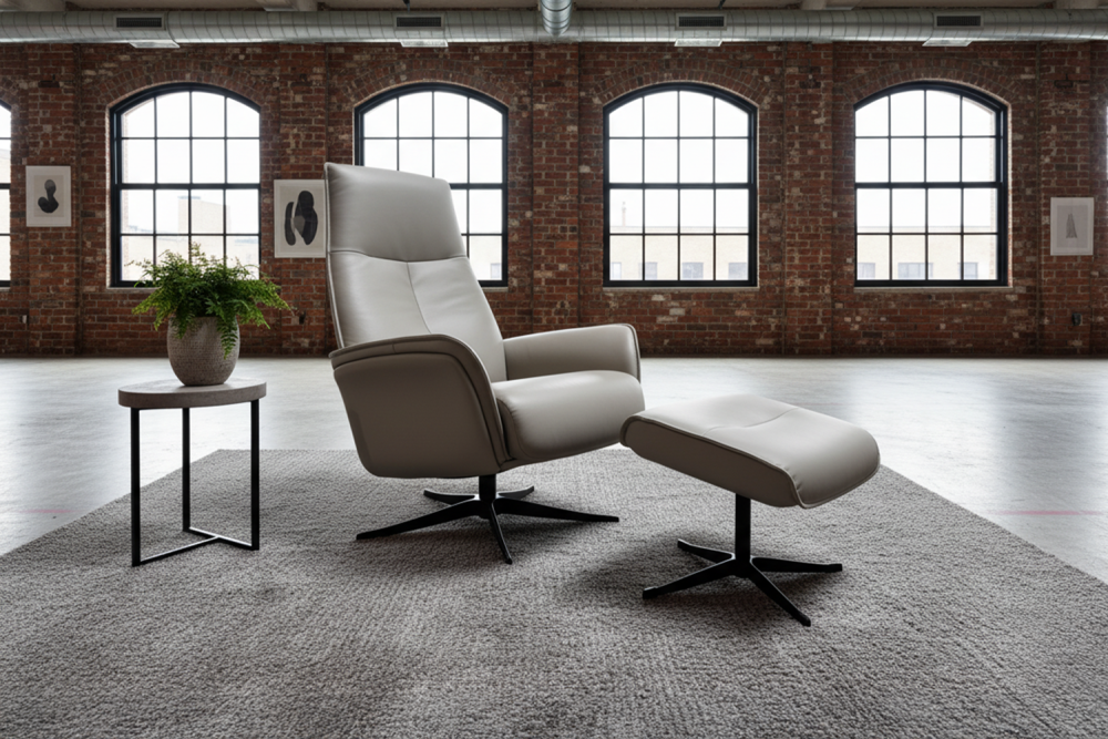 KAWOLA Relaxsessel JOSIANE Drehsessel Leder grau mit Hocker