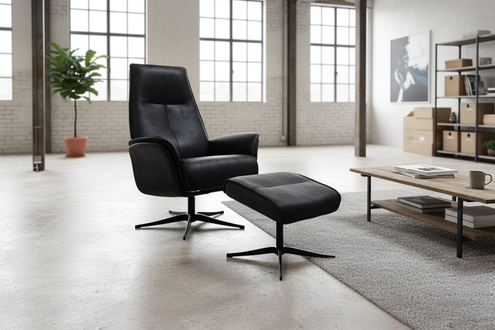 KAWOLA Relaxsessel JOSIANE Drehsessel Lederfaserstoff schwarz mit Hocker