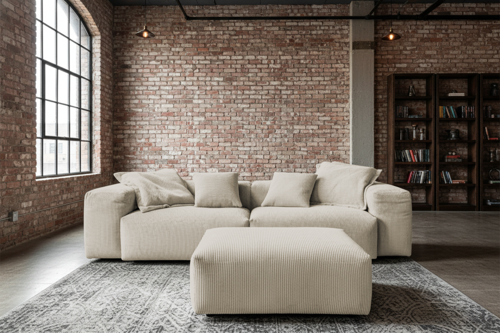 KAWOLA Sofa CELESTE 4-Sitzer mit Hocker Cord cremeweiß