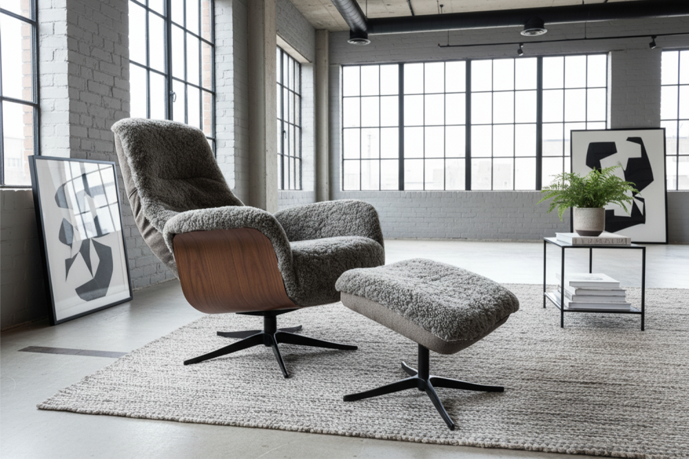 KAWOLA Relaxsessel SILVA Drehsessel Schaffell hellgrau mit Hocker