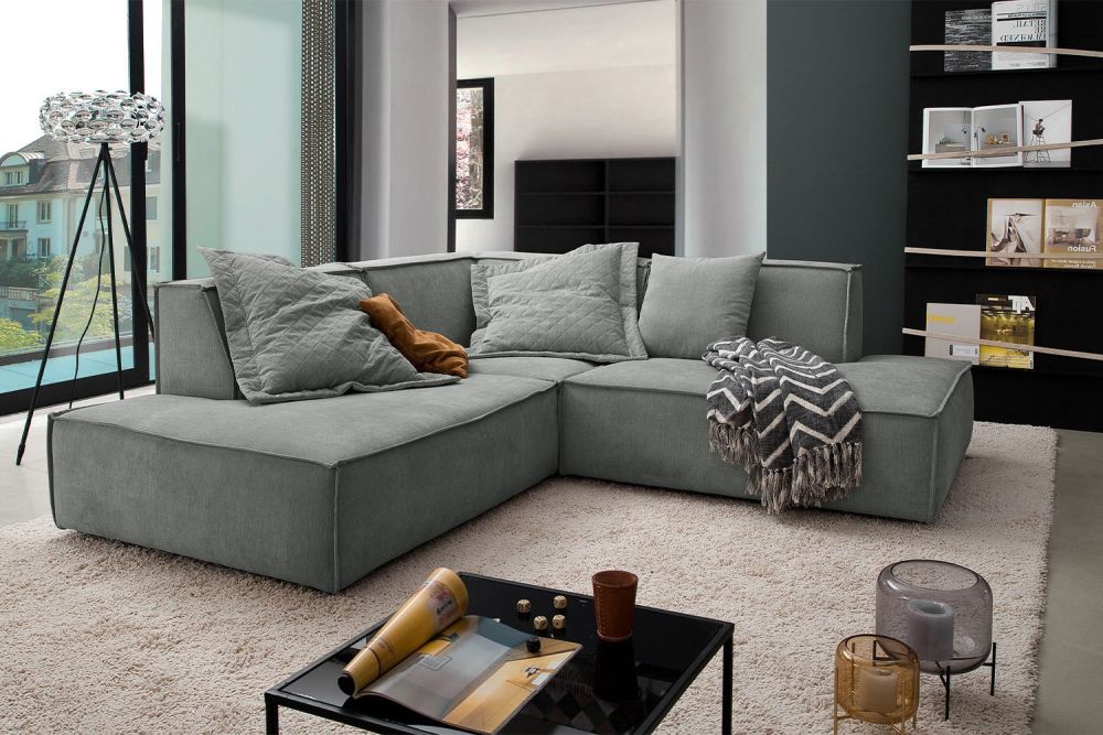 B-Ware KAWOLA Sofa SAMU Ecksofa Stoff grau Recamiere links