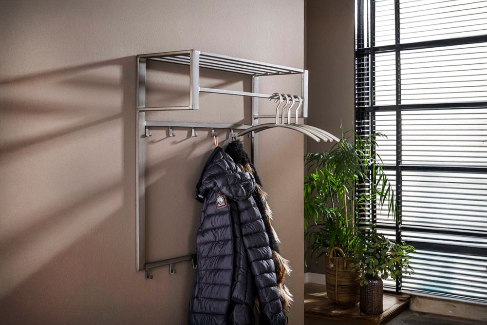 KAWOLA Garderobe LEONOR Metall Hutablage 12 Haken grau