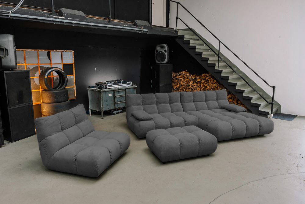 KAWOLA Sitzgruppe VIVIEN Ecksofa Drehsessel Hockerbank Feincord anthrazit