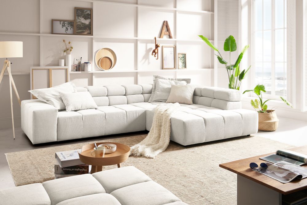 KAWOLA Sofa NEVADA Ecksofa Feincord weiß