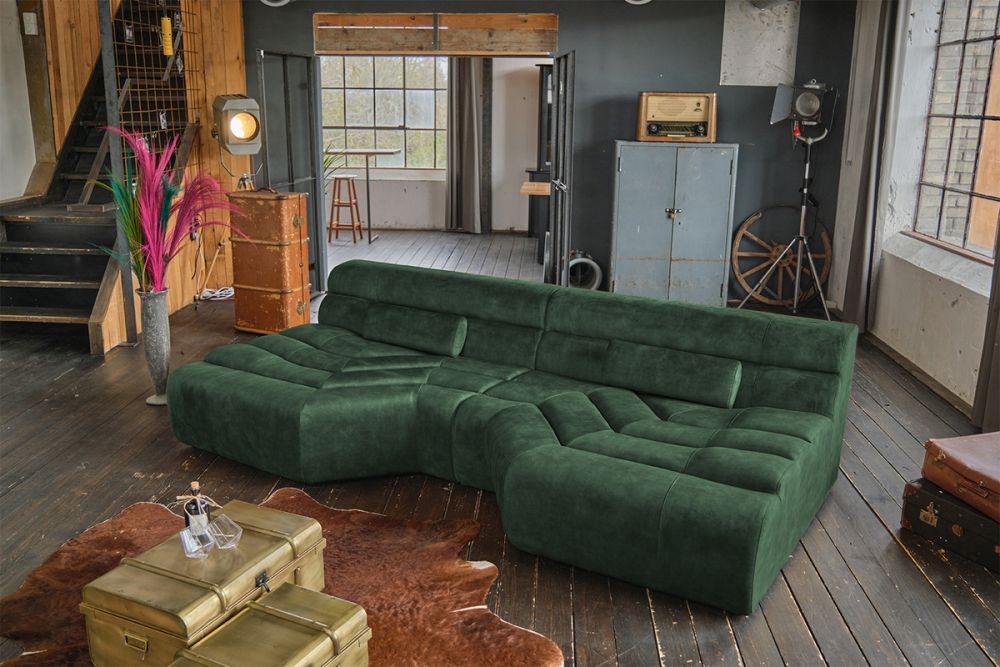 KAWOLA Big Sofa TARA Wohnlandschaft Velvet Vintage moosgrün 286x76x143cm (B/H/T)