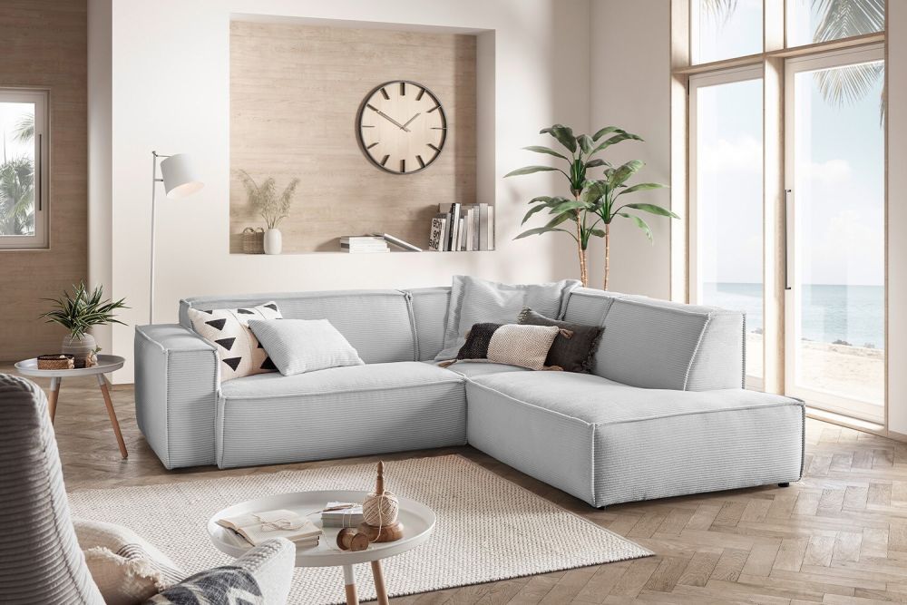 B-Ware KAWOLA Sofa SAMU Ecksofa Cord hellgrau Recamiere rechts