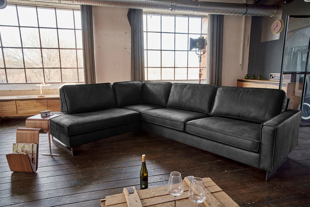KAWOLA Ecksofa VILNIUS 3-Sitzer mit Recamiere links Lederfaserstoff schwarz