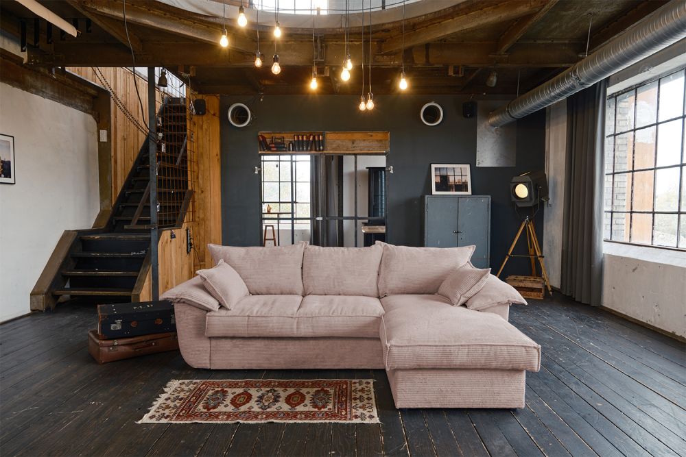 KAWOLA Sofa ASOKA Ecksofa Bettsofa Schlafsofa mit Stauraum Cord rosa