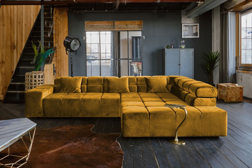 B-Ware KAWOLA Sofa NEVADA Ecksofa Velvet curry Recamiere rechts mit motorischem Sitzvorzug