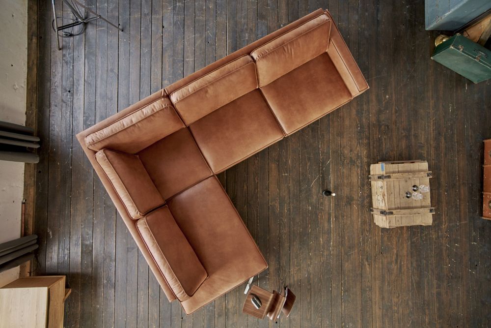 B-Ware KAWOLA Ecksofa VILNIUS 3-Sitzer mit Recamiere links Kunstleder mit Lederanteil cognac