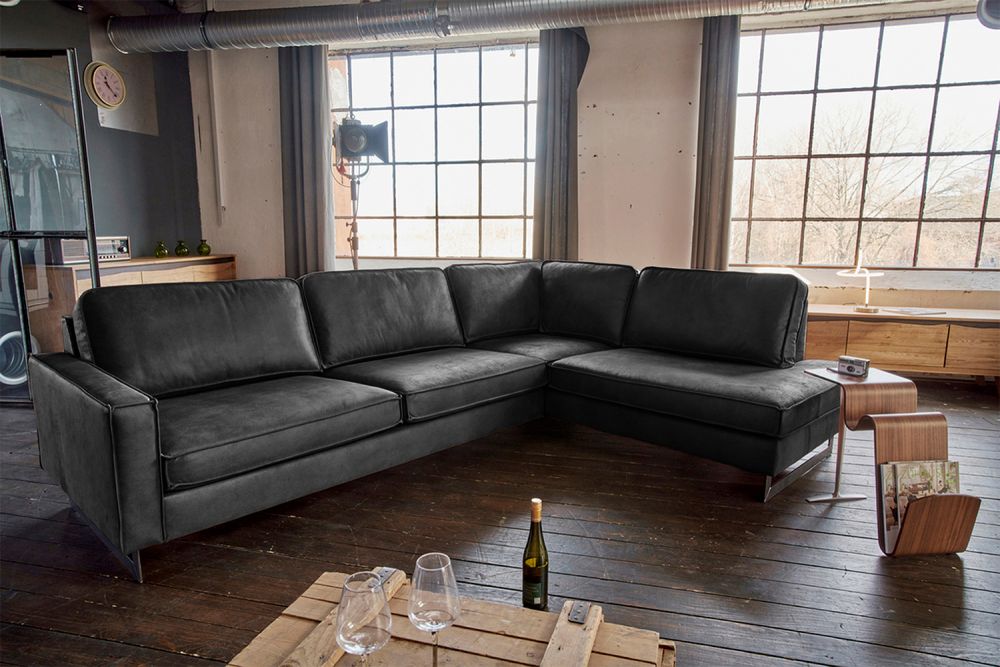 KAWOLA Ecksofa VILNIUS 3-Sitzer mit Recamiere rechts Lederfaserstoff schwarz